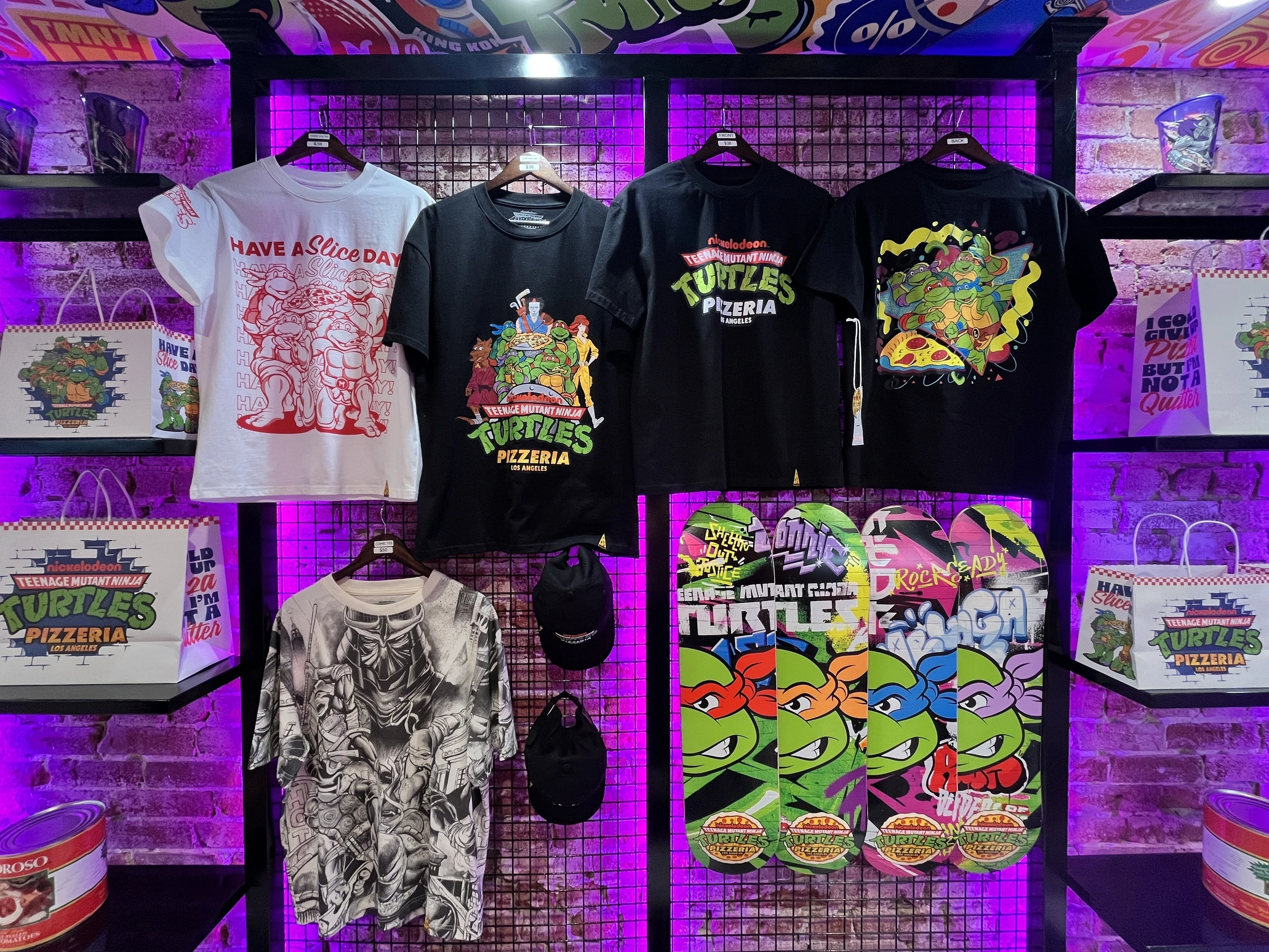 Merch at the new Teenage Mutant Ninja Turtles Pizzeria.