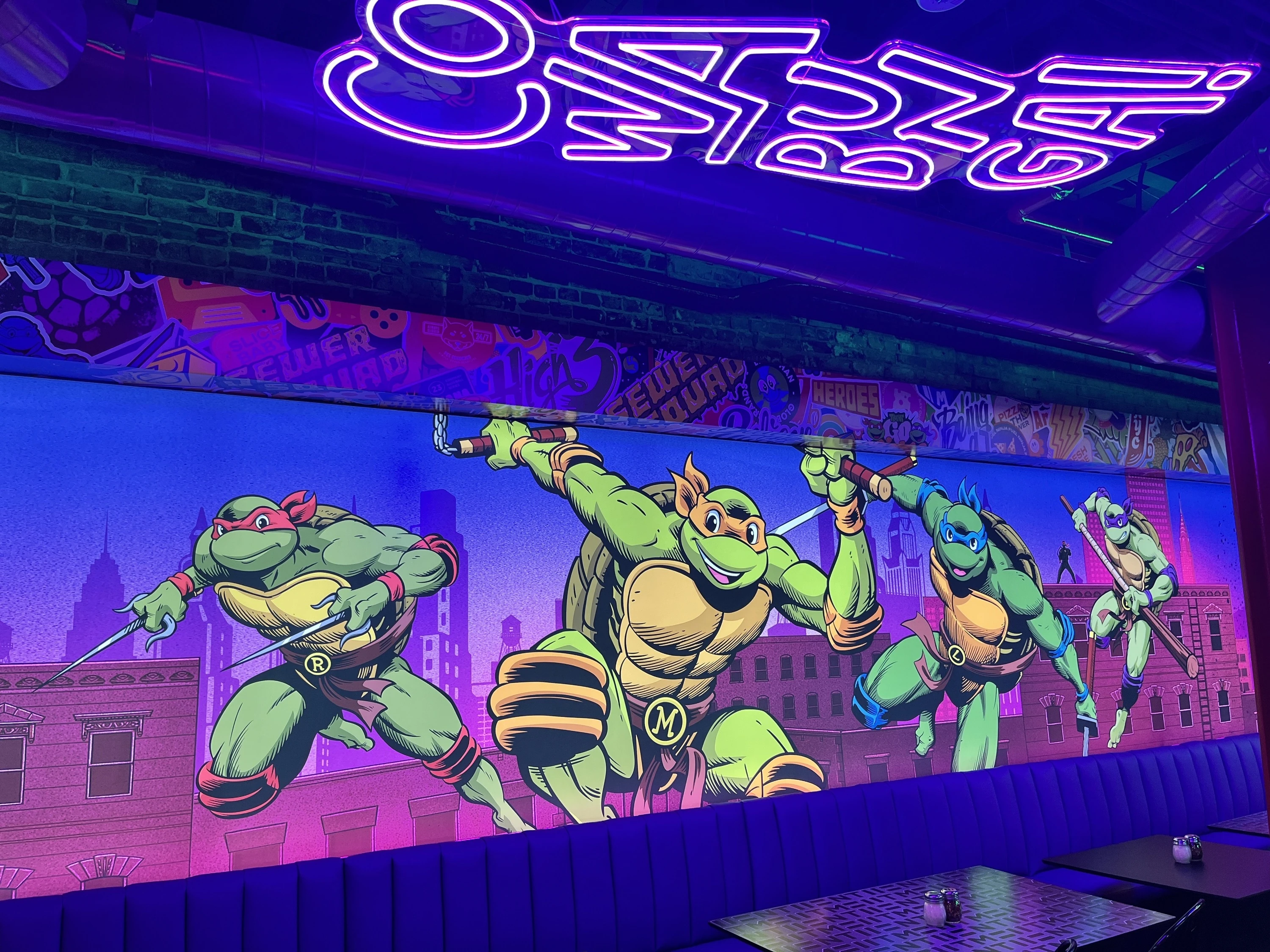 The dining room at the new Teenage Mutant Ninja Turtles Pizzeria.