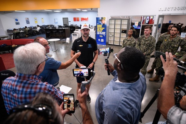 NASCAR Cup Series driver, Shane Van Gisbergen speaks to the media at the NASCAR San Diego course simulator (SIM) at the Naval Base Coronado on June 09, 2026 in Coronado, California. (Photo by Orlando Ramirez/Getty Images)