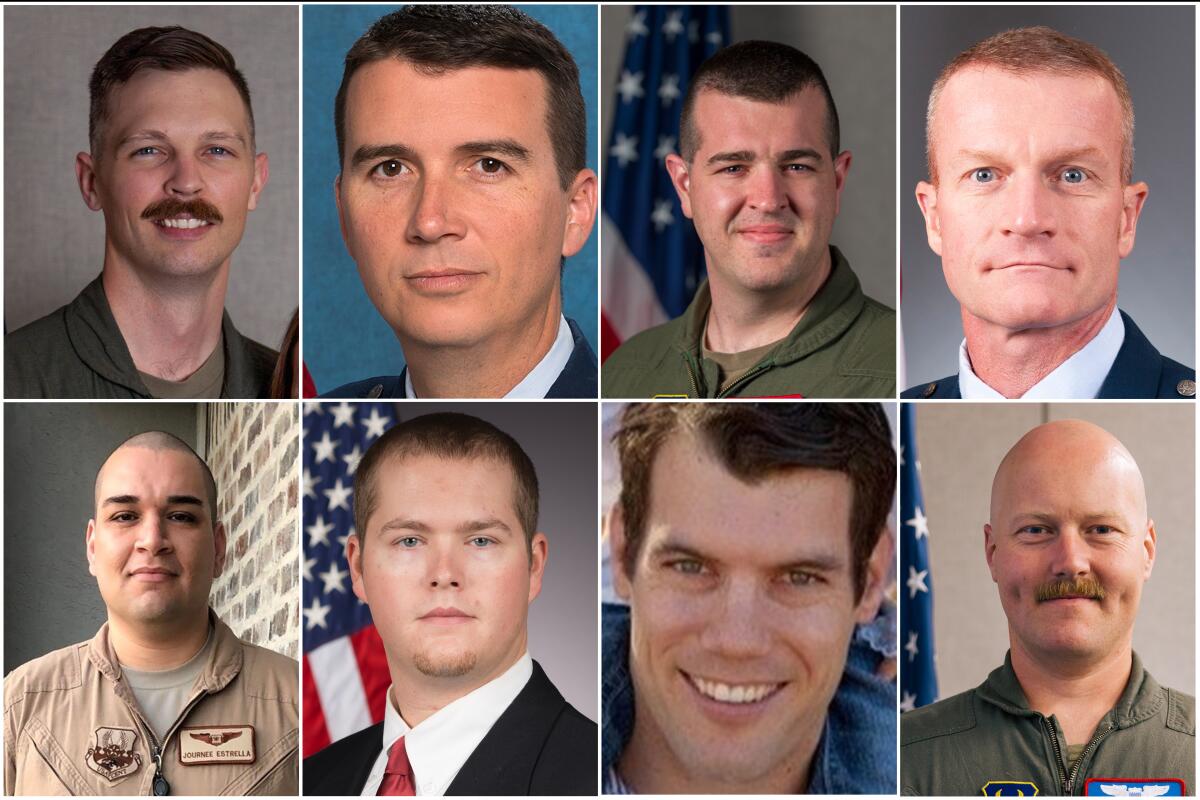 A composite of eight portraits of the men who died in the B-52 crash. 