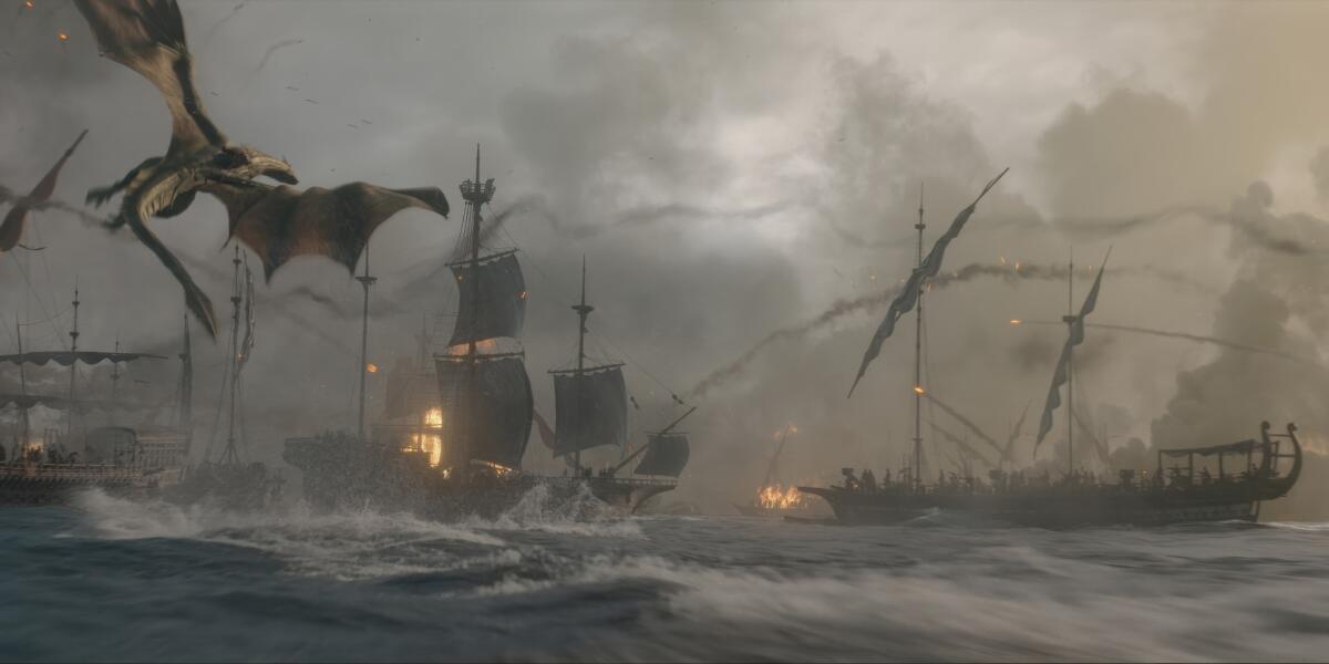 A dragon flying over ships in battle