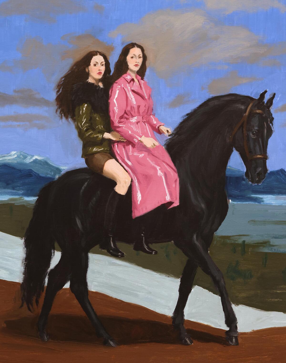 A portrait of two young women dressed in puffer and vinyl jackets riding a horse. 