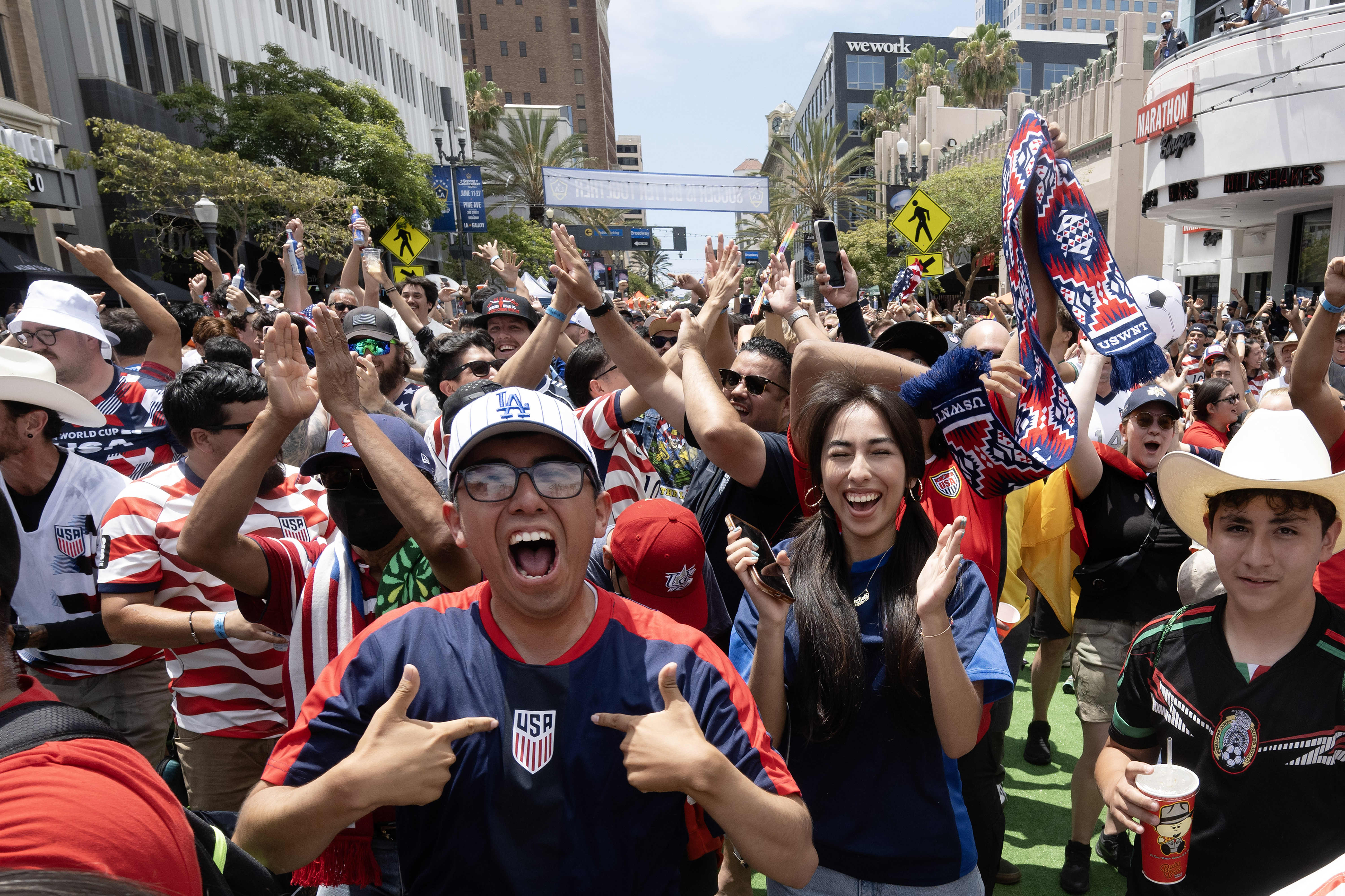 U.S.A. soccer fans celebrate their first goal against Australia during...