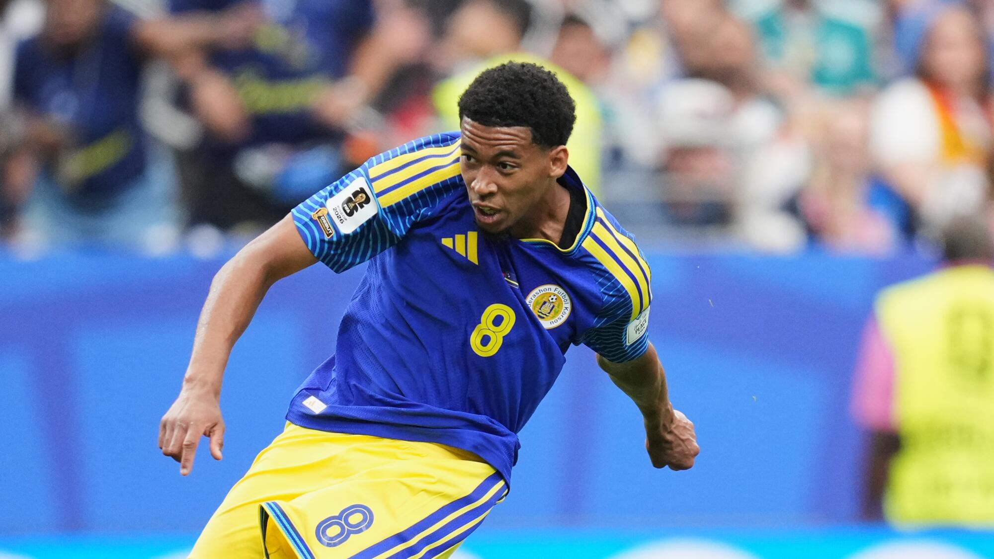 Curaçao's Livano Comenencia shoots against Germany during a World Cup match on June 14.
