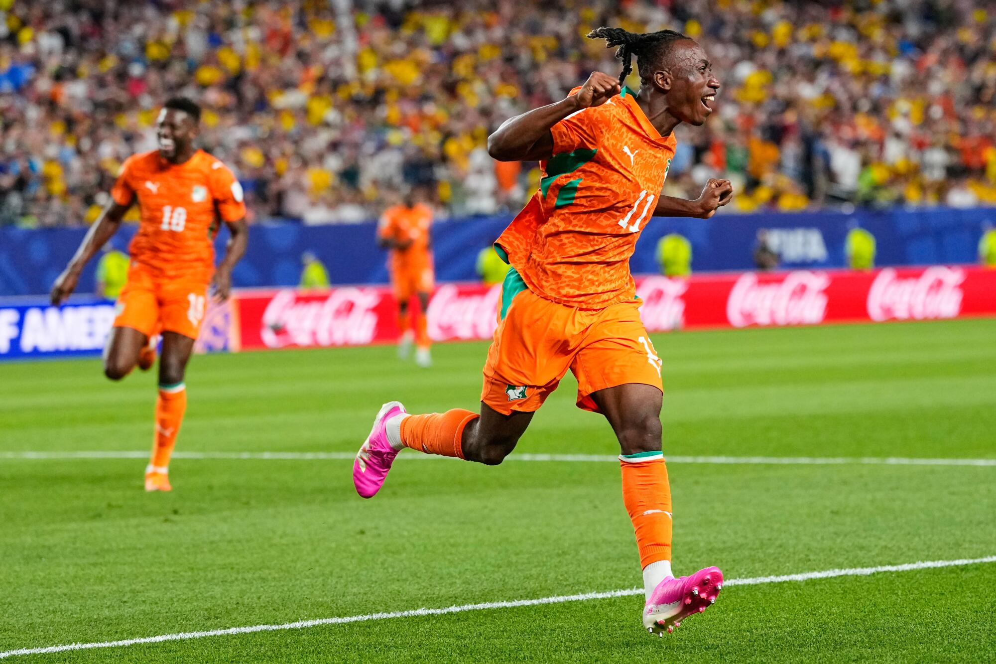 Ivory Coast's Yan Diomande celebrates a goal against Ecuador in the World Cup on June 14.