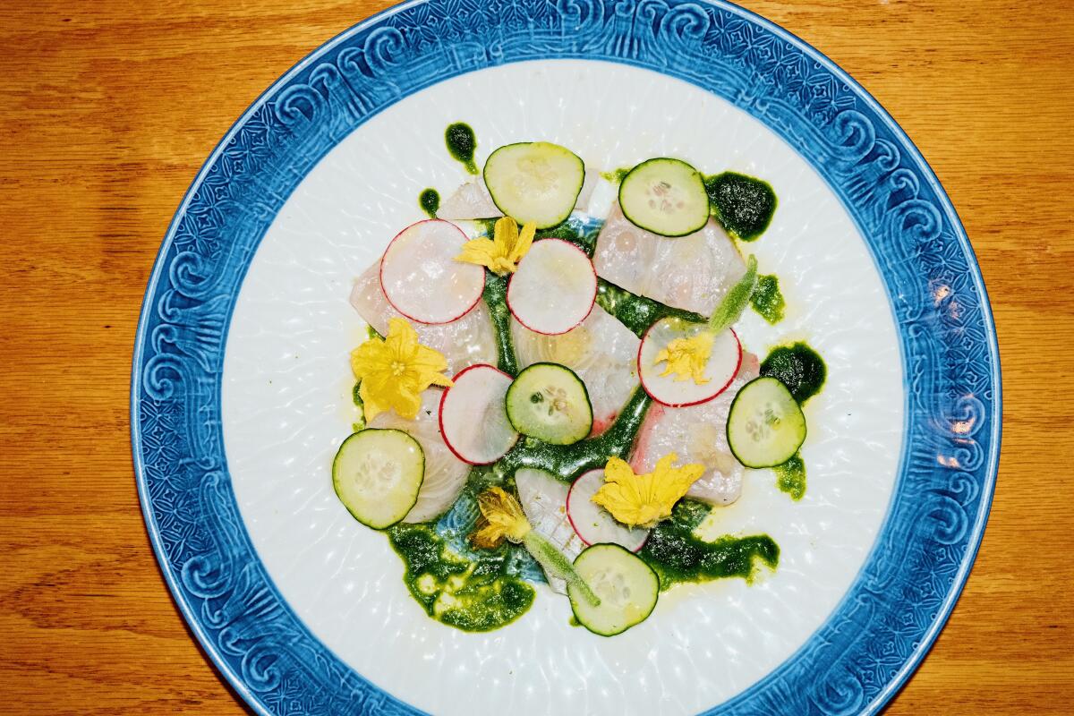 Local-amberjack crudo with cucumber and lime at Azay in Little Tokyo