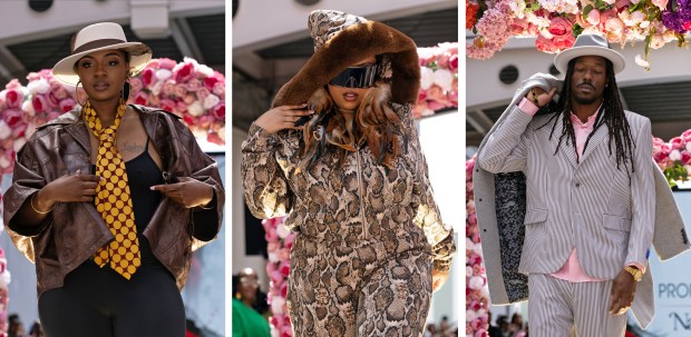 Models wearing a design from, left to right, Proper Fashion, LeSweetz Boutique, and Proper Fashion, walk the runway during a Bay Area Black Fashion Expo show to celebrate Juneteenth, Friday, June 19, 2026 in Emeryville, Calif. (D. Ross Cameron for the Bay Area News Group)