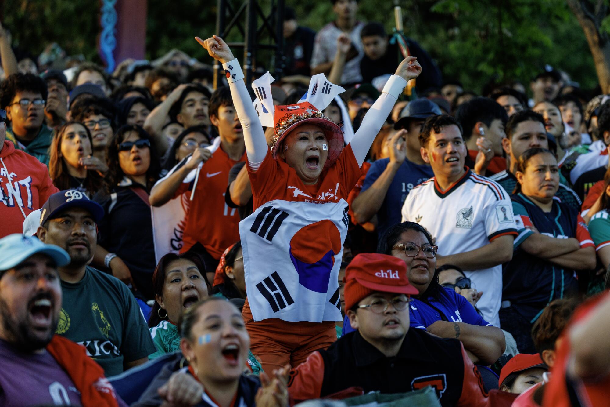 Korea fans react during a watch party for the World Cup match Mexico vs Korea at Seoul International Park.