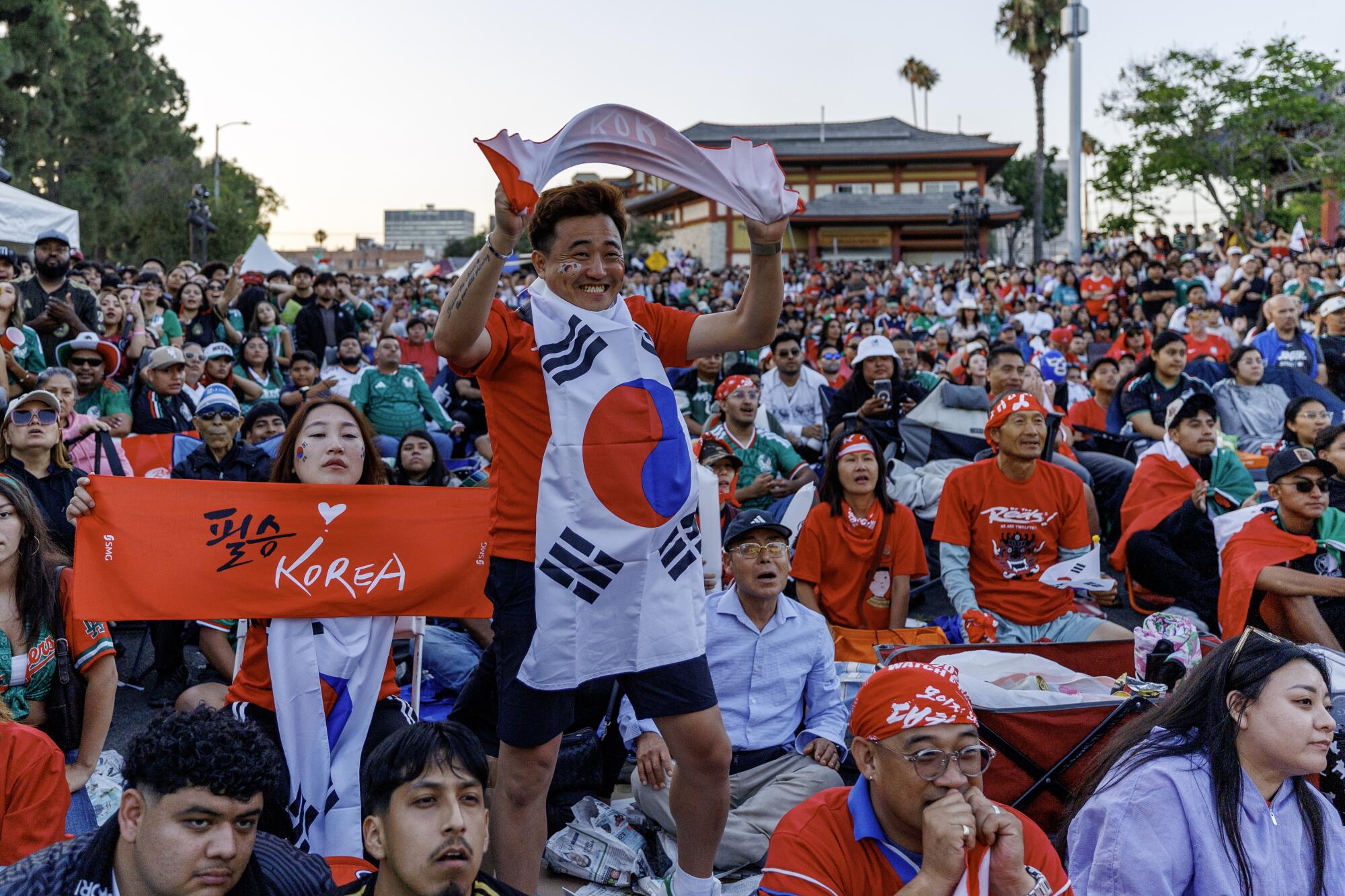 Korea fans reacts during a watch party for the World Cup match Mexico vs Korea at Seoul International Park.