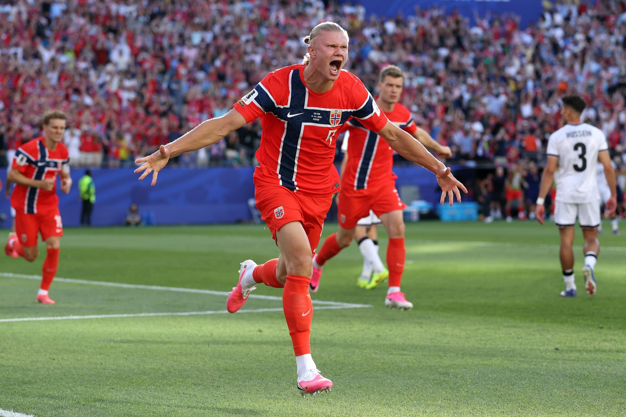 Norway's Erling Haaland celebrates after scoring against Iraq on June 16.