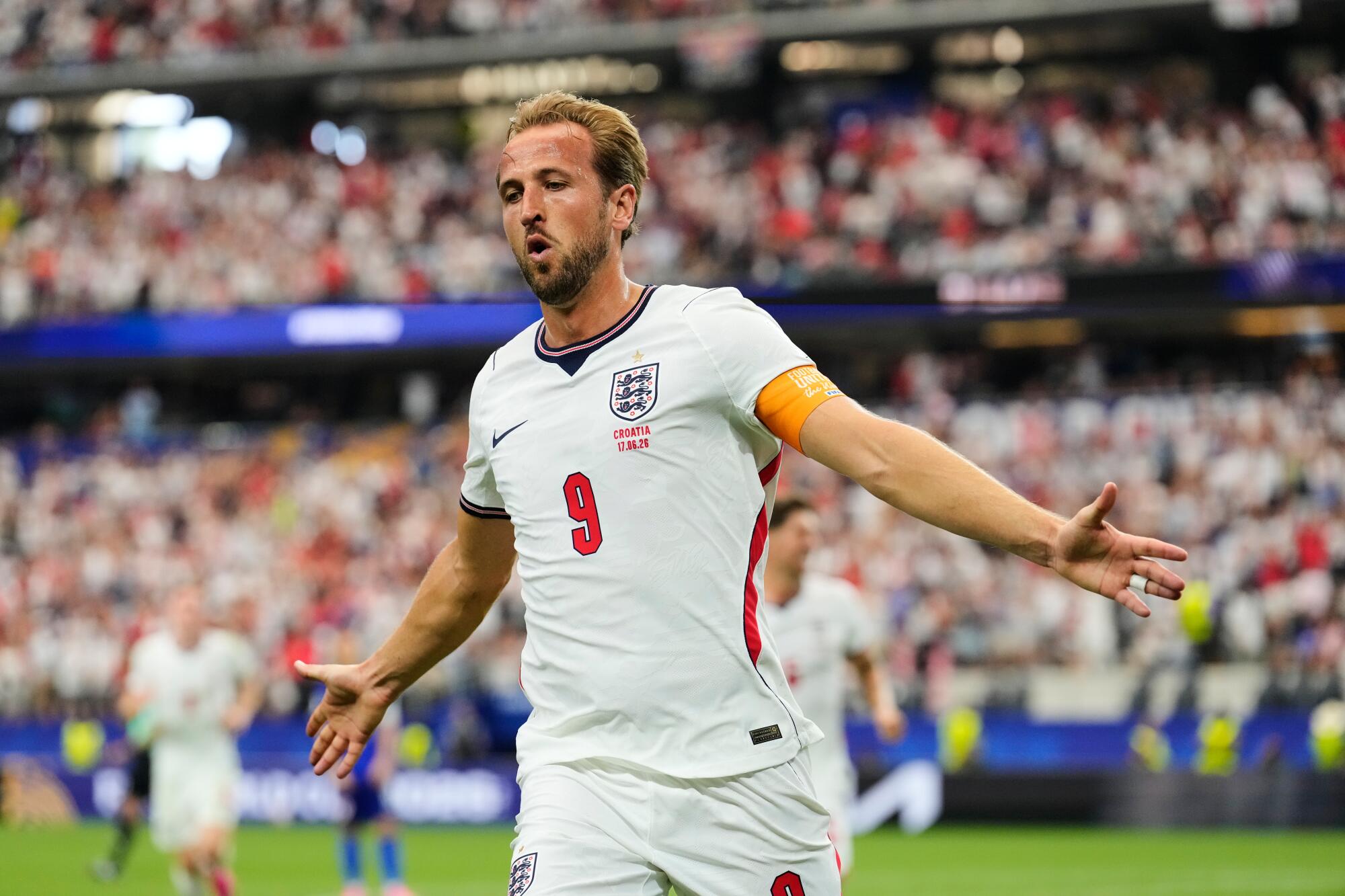 England's Harry Kane celebrates after scoring against Croatia on June 17.