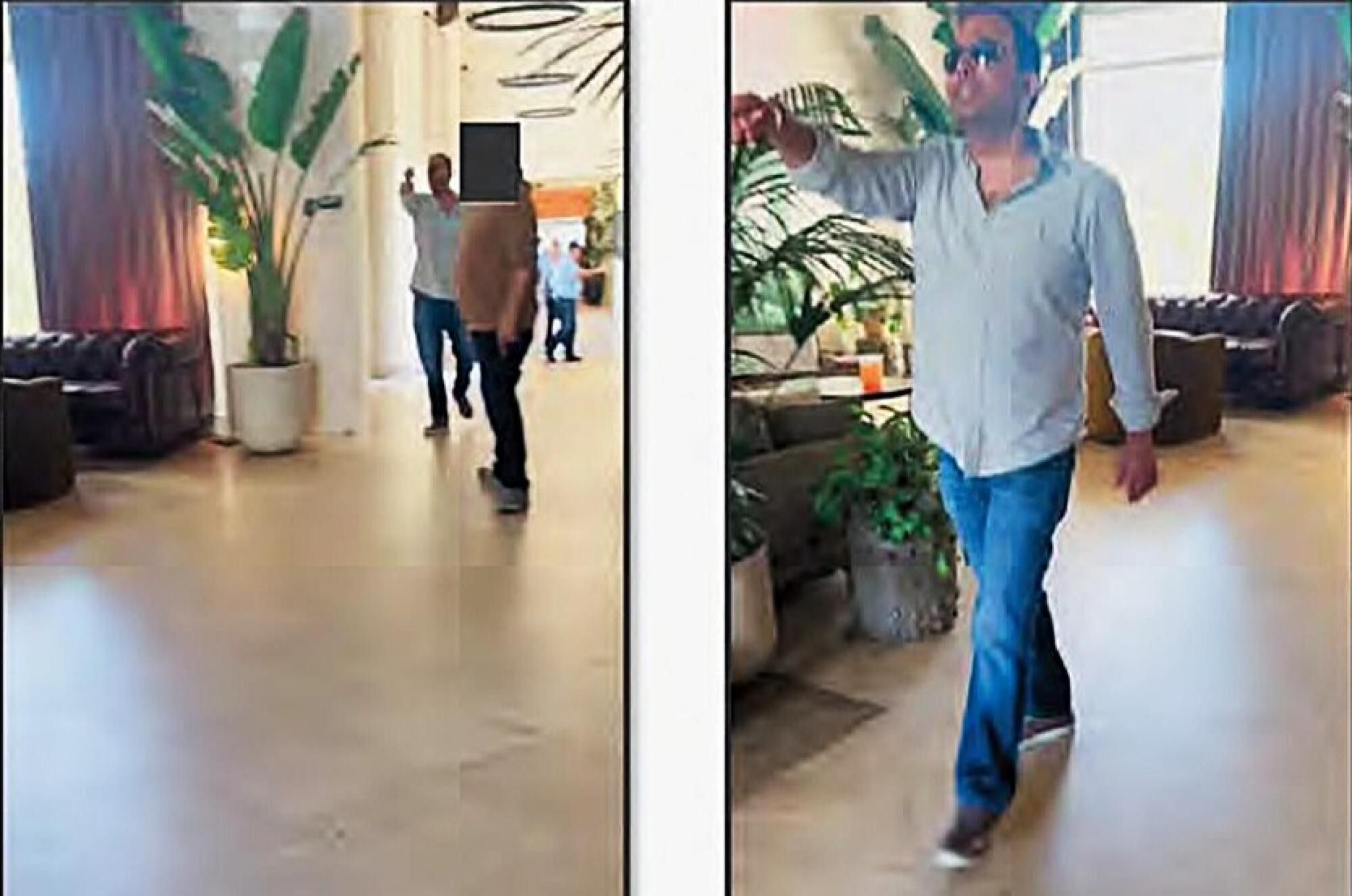 Two screenshots from security video showing Mahender Makhijani gesturing in a lobby