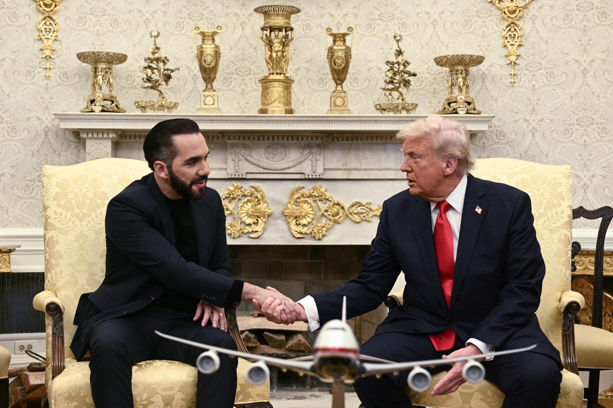 President Trump meets with El Salvador's president, Nayib Bukele, in the Oval Office of the White House on April 14, 2025.
