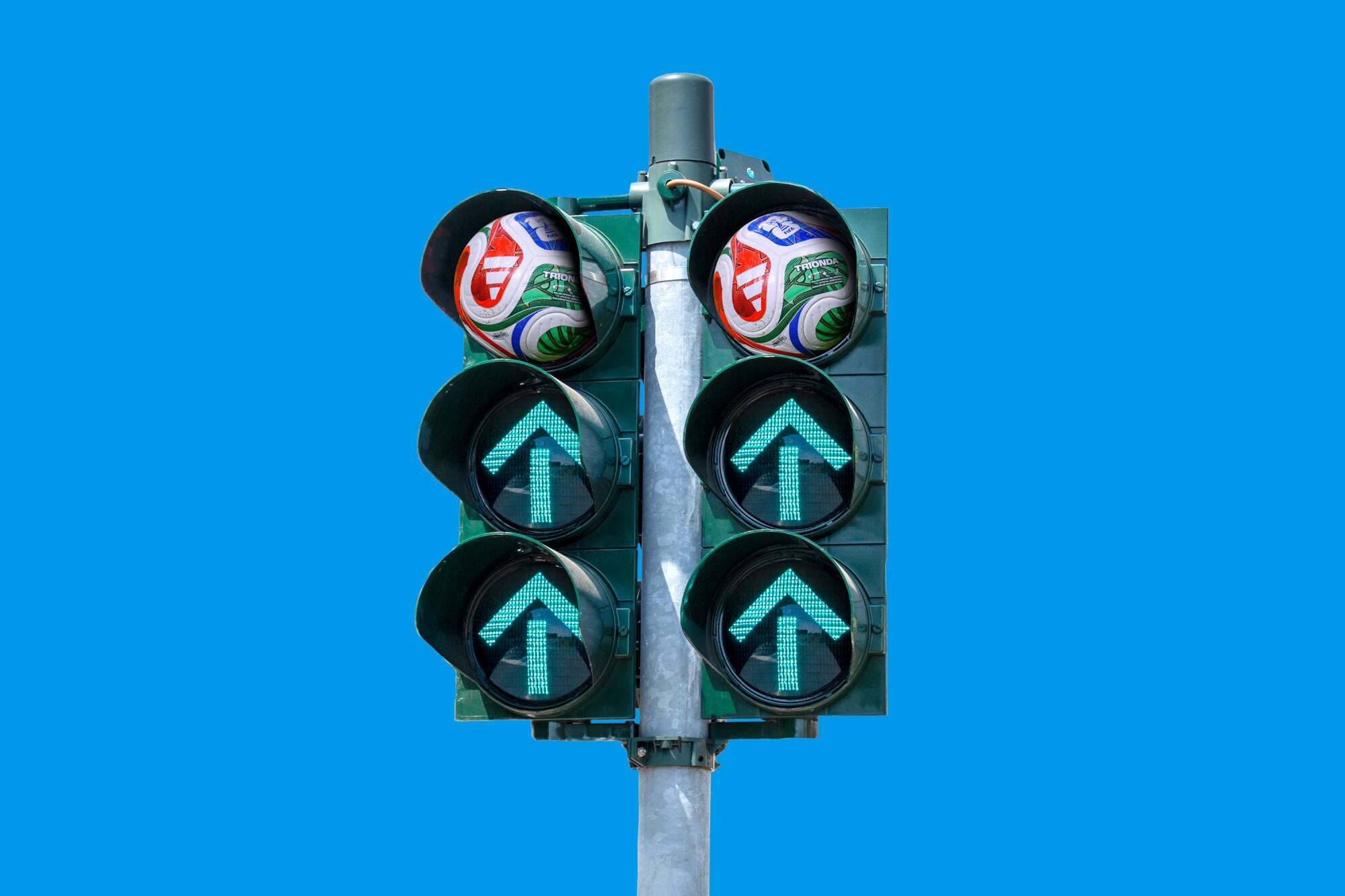 Photo illustration of traffic lights with green arrows pointing to two World Cup ’26 soccer balls.