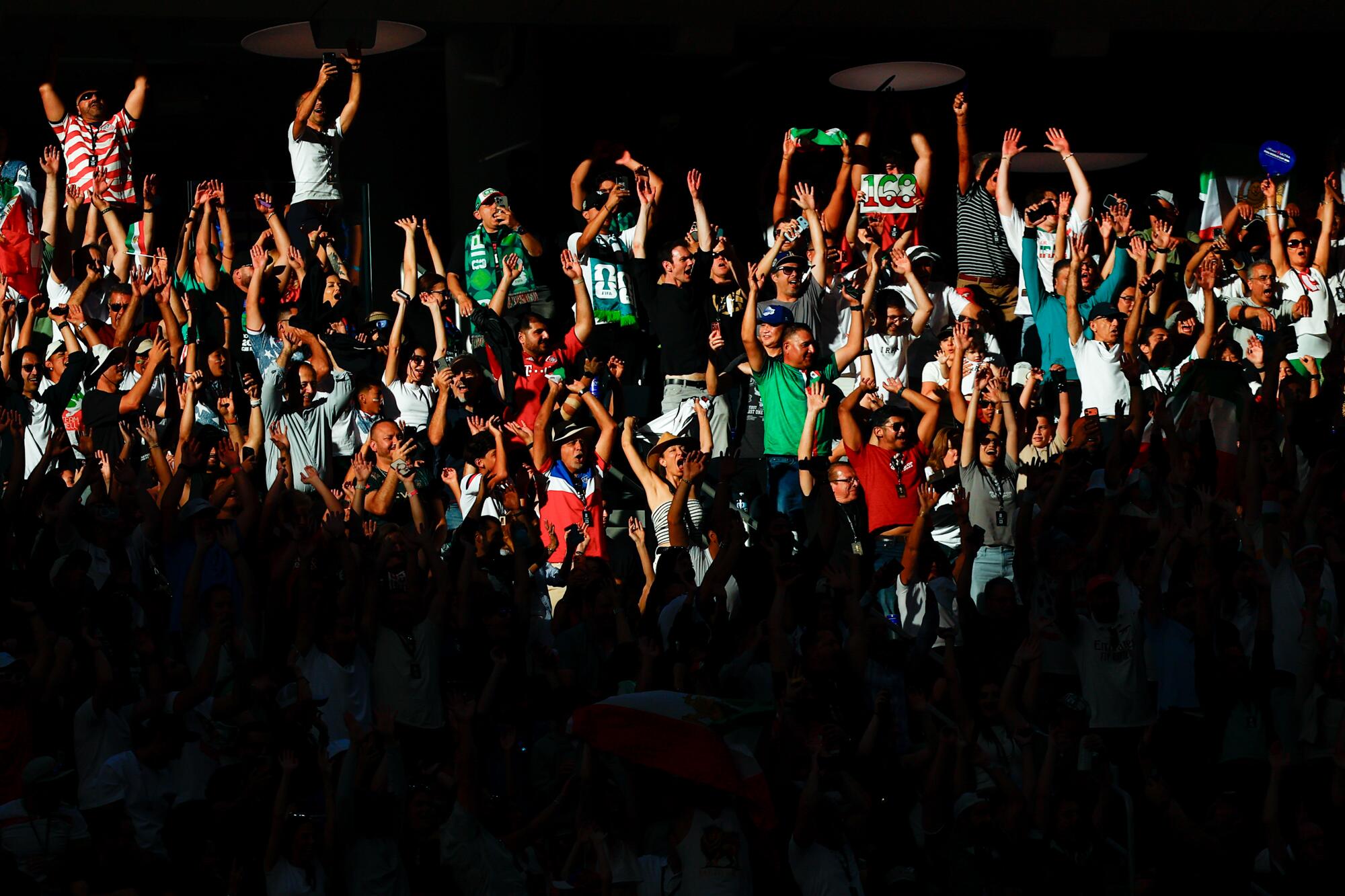 Fans participate in the wave during the first half of a World Cup group stage match between Iran and New Zealand.