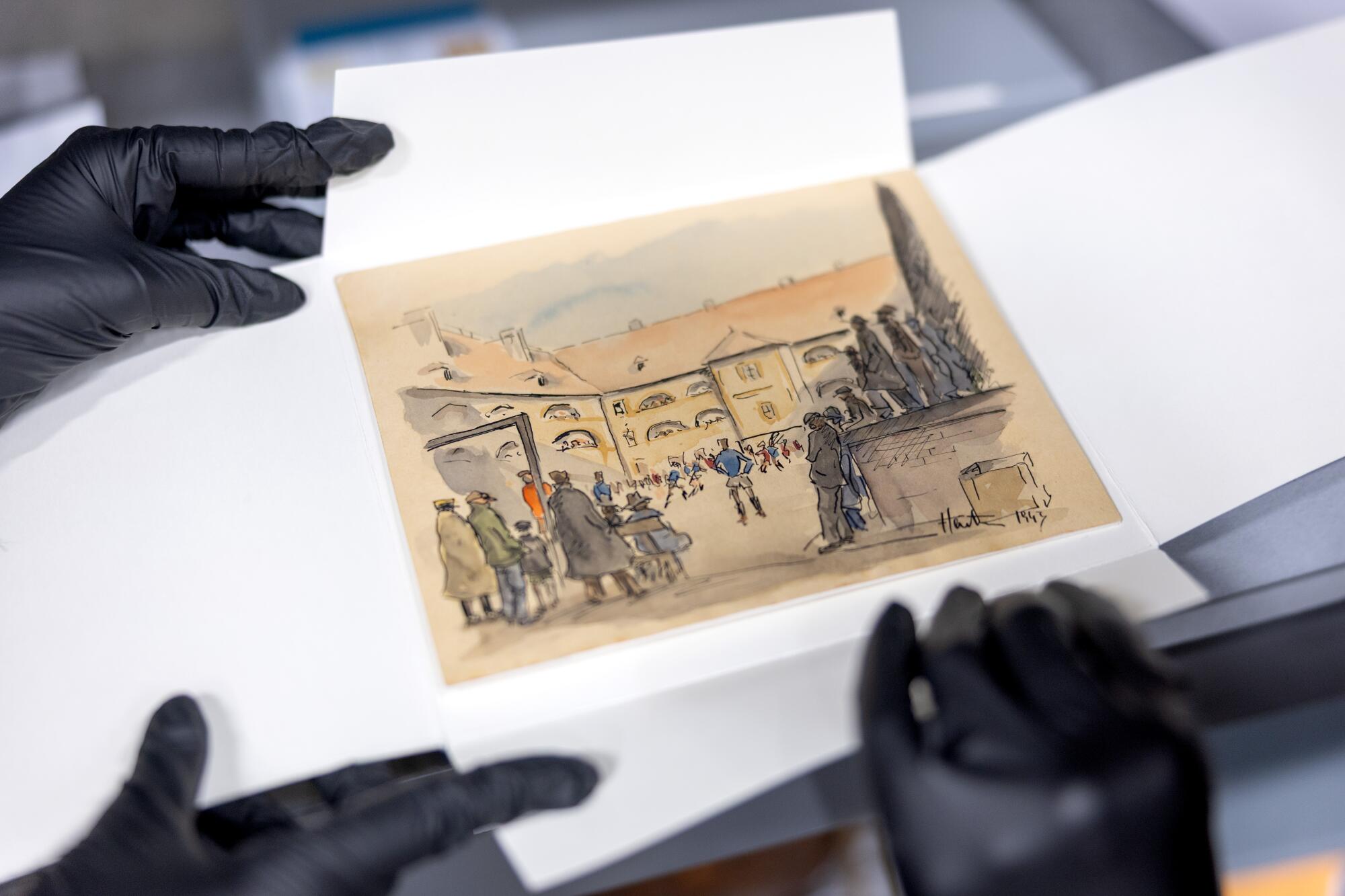 A painting made by an artist in a concentration camp depicts prisoners playing soccer. 