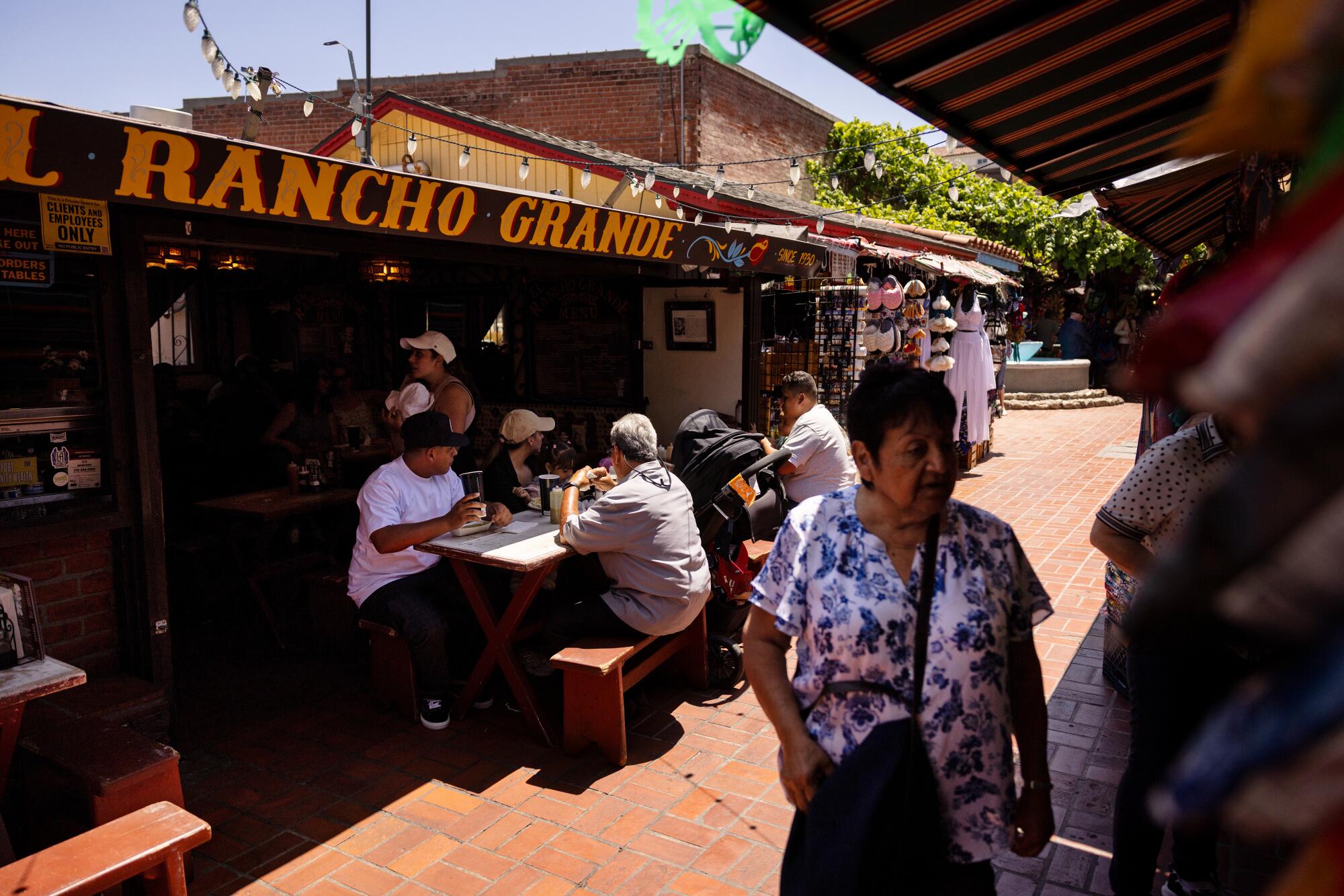 People dine at El Rancho Grande on Olvera Street.