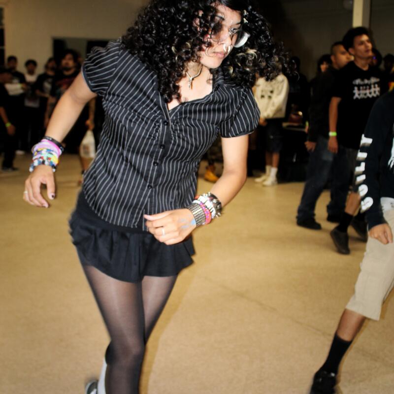 Izzy Levya, 17, two-steps during Marked for Death's performance on April 3, 2026, in St. John's Episcopal Church in San Bernardino.