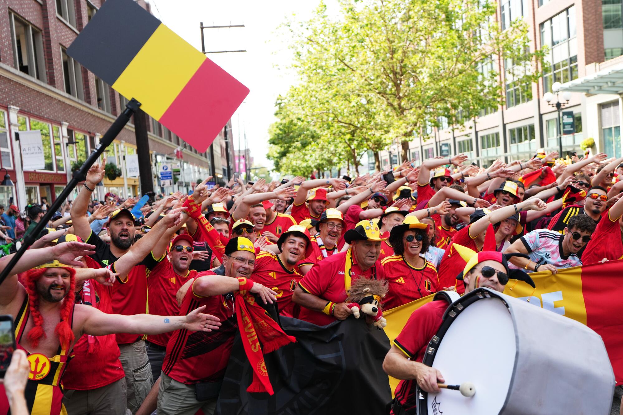 Fans of Belgium wait for the beginning of the World Cup Group G soccer game in Seattle on June 15, 2026.