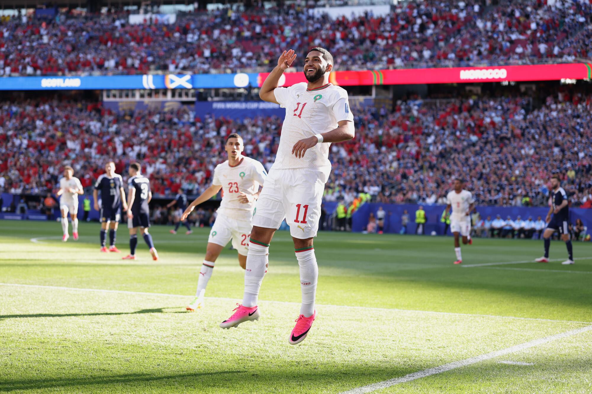 Morocco's Ismael Saibari celebrates after scoring against Scotland on June 19.