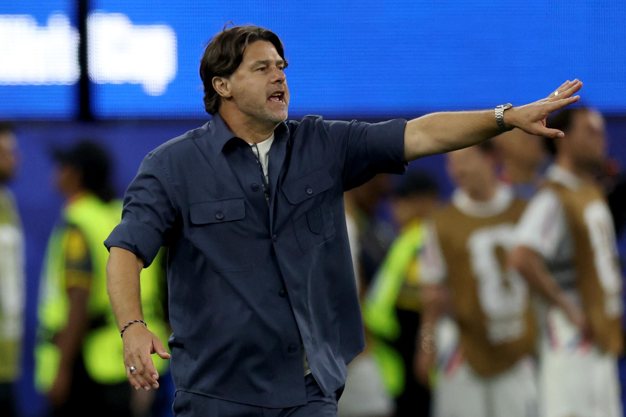 U.S. coach Mauricio Pochettino instructs his players during a 4-1 win over Paraguay at SoFi Stadium.