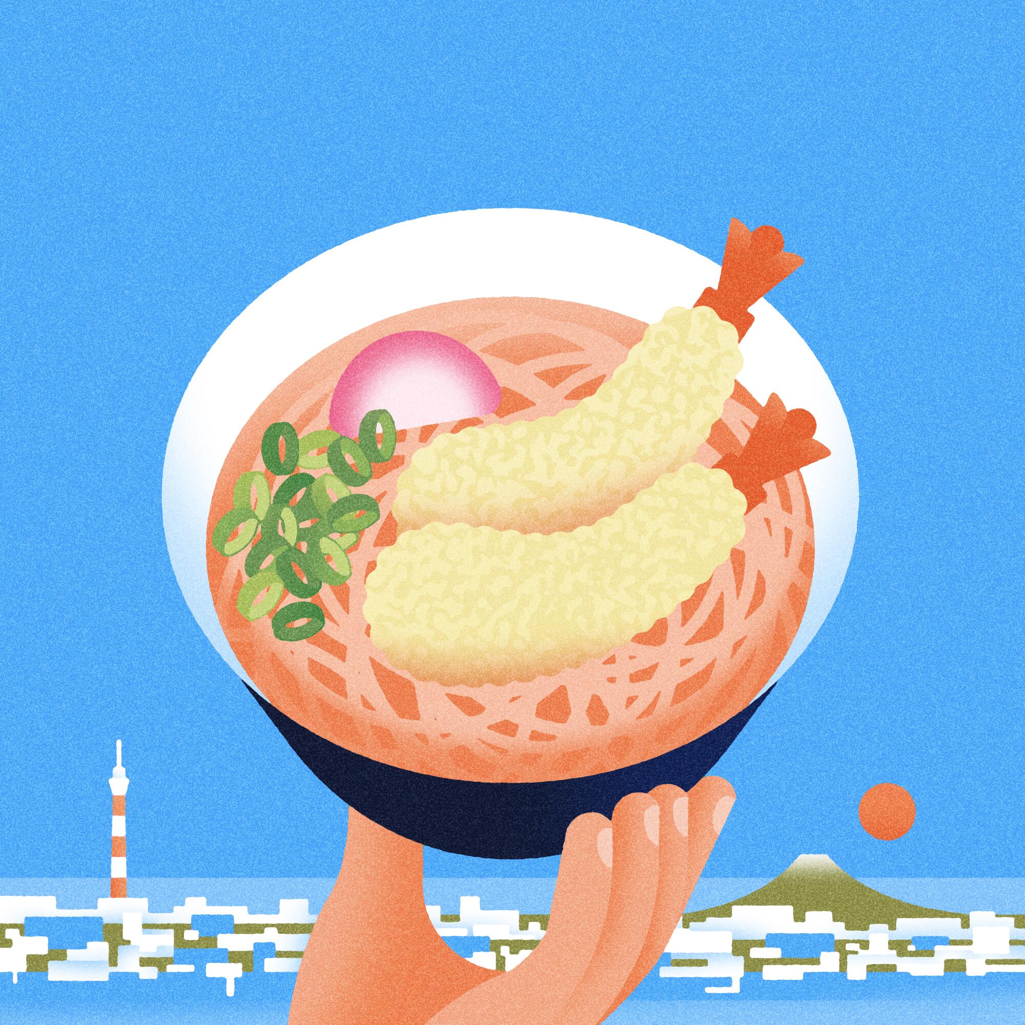 Illustration of soba noodle bowl against Tokyo backdrop