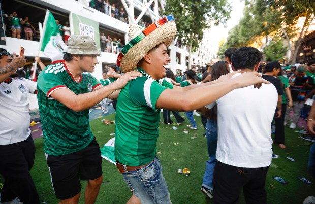 Mexico fans celebrate after Mexico beat the Korea Republic 1-0 for the FIFA World Cup match for the Soccer Celebration presented by El Camino, hosted by the San Jose Earthquakes and San José Sports Authority at San Pedro Square in downtown San Jose, Calif., on Thursday, June 18, 2026. (Nhat V. Meyer/Bay Area News Group)