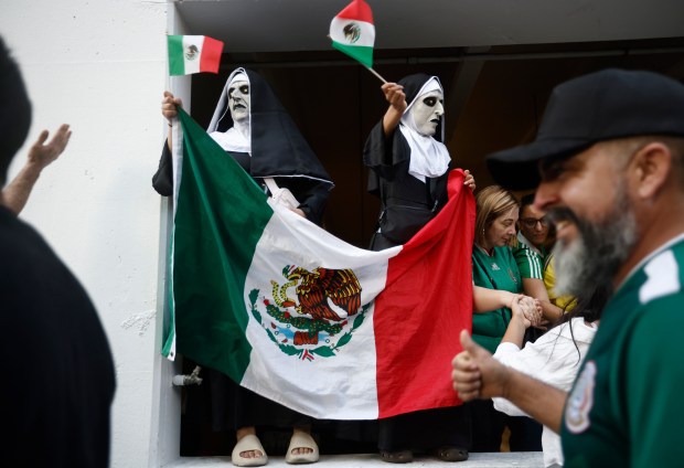 Mexico fans celebrate after Mexico beat the Korea Republic 1-0 for the FIFA World Cup match for the Soccer Celebration presented by El Camino, hosted by the San Jose Earthquakes and San José Sports Authority at San Pedro Square in downtown San Jose, Calif., on Thursday, June 18, 2026. (Nhat V. Meyer/Bay Area News Group)