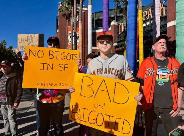 A dozen San Francisco Giants fans gathered on Tuesday, June 23, 2026, in Willie Mays Plaza before the game to protest the team's response to the way four players handled Pride Night caps on June 12. (Cam Inman/Bay Area News Group)