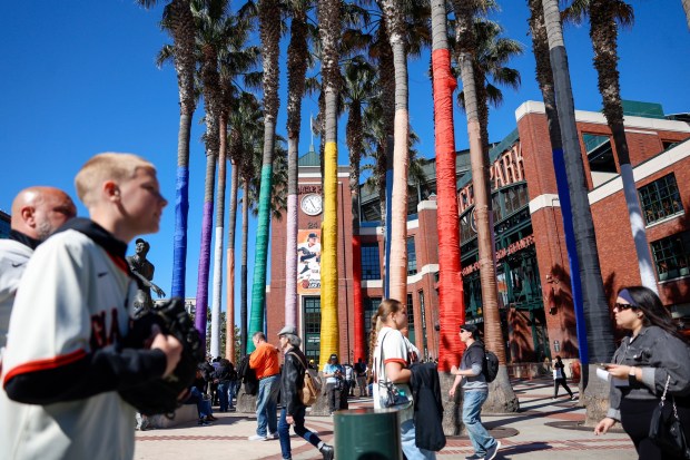 Baseball fans mingle outside of Oracle Park before the San Francisco Giants and the Athletics game in San Francisco, Calif., on Tuesday, June 23, 2026. (Nhat V. Meyer/Bay Area News Group)
