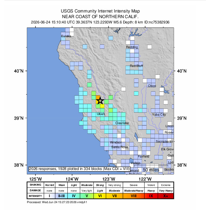 Magnitude 5.6 earthquake shakes in Northern California on June 24, 2026