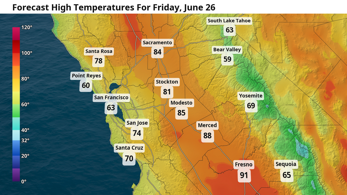 Forecast high temperatures for Friday June 26