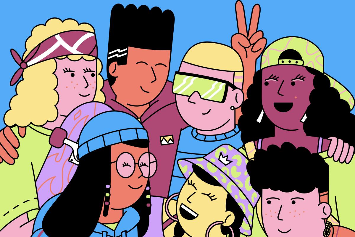 Illustration of a group of tweens hanging out having a good time.