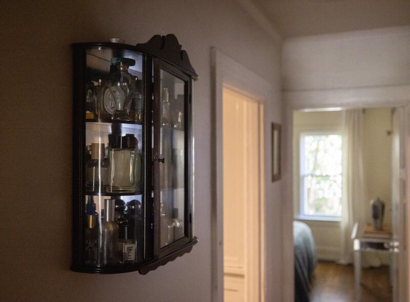 A glass case in the apartment corridor between the dining room and the bedroom.
