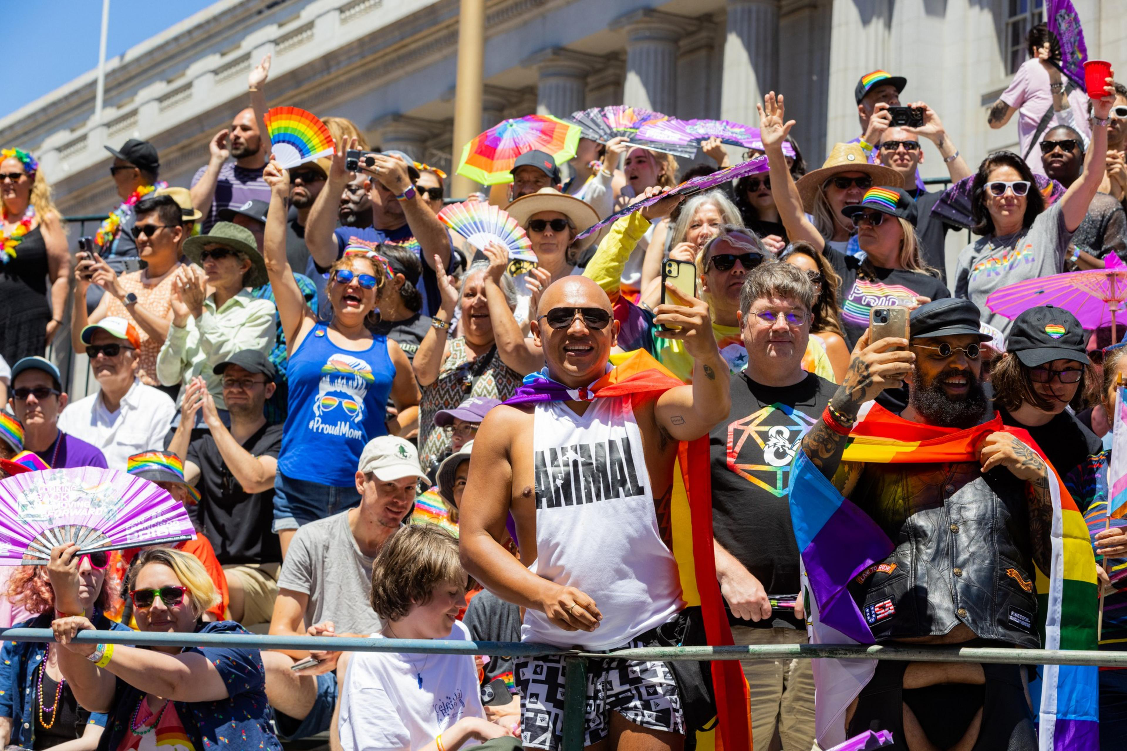 A diverse crowd celebrates with rainbow fans, flags, and colorful outfits, cheering and taking photos in bright sunlight on city steps.