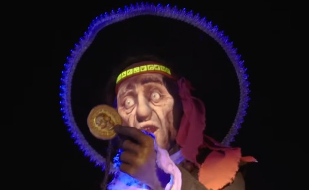 The target markers hidden in the pirate's bandana glow gold during testing by Walt Disney Imagineering. (Courtesy of Disney via the official Walt Disney Imagineering YouTube channel)