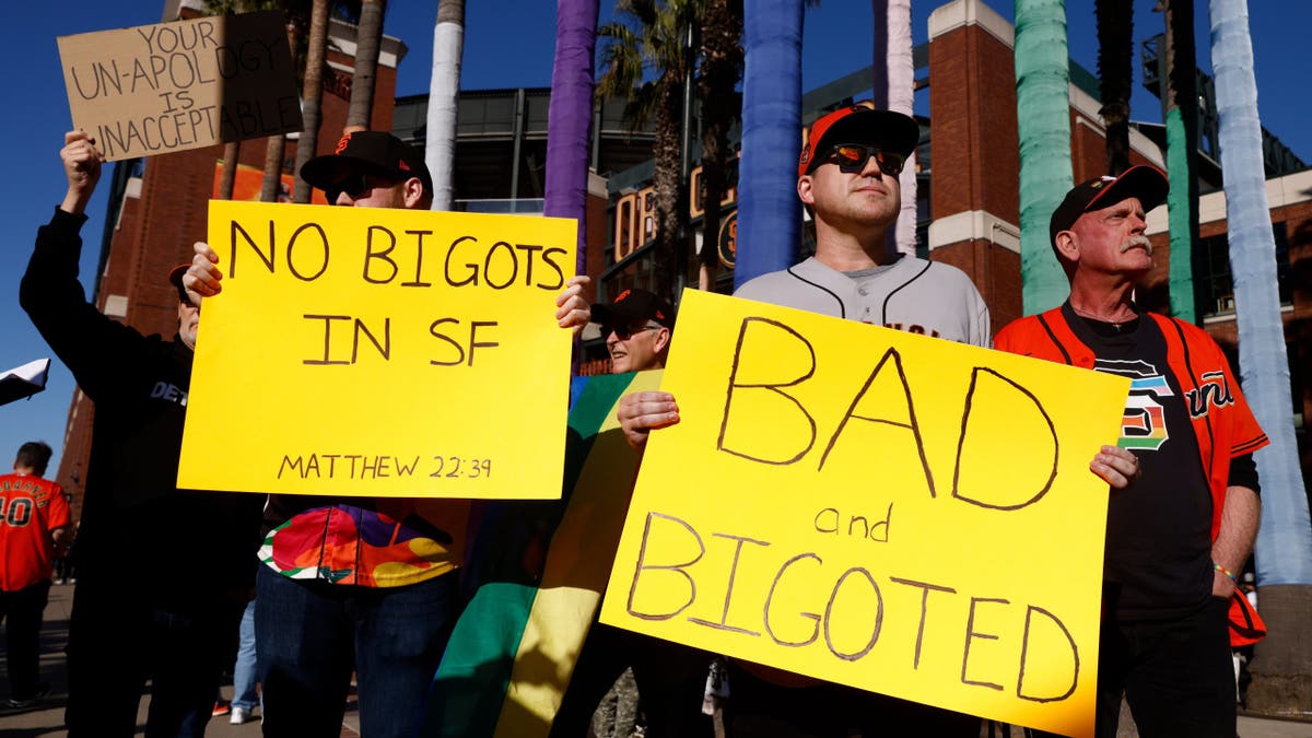 Jim Soos, Noah Wallace, Matt Foley and J.P. protesting outside Oracle Park in San Francisco