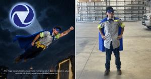 Comic book style image of 2 Vortex Doors technicians wearing superhero cape and eye mask