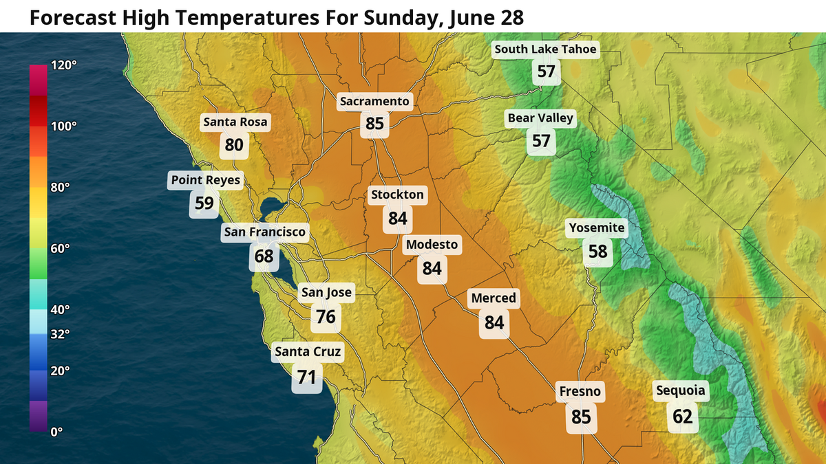 Forecast high temperatures for Sunday, June 28