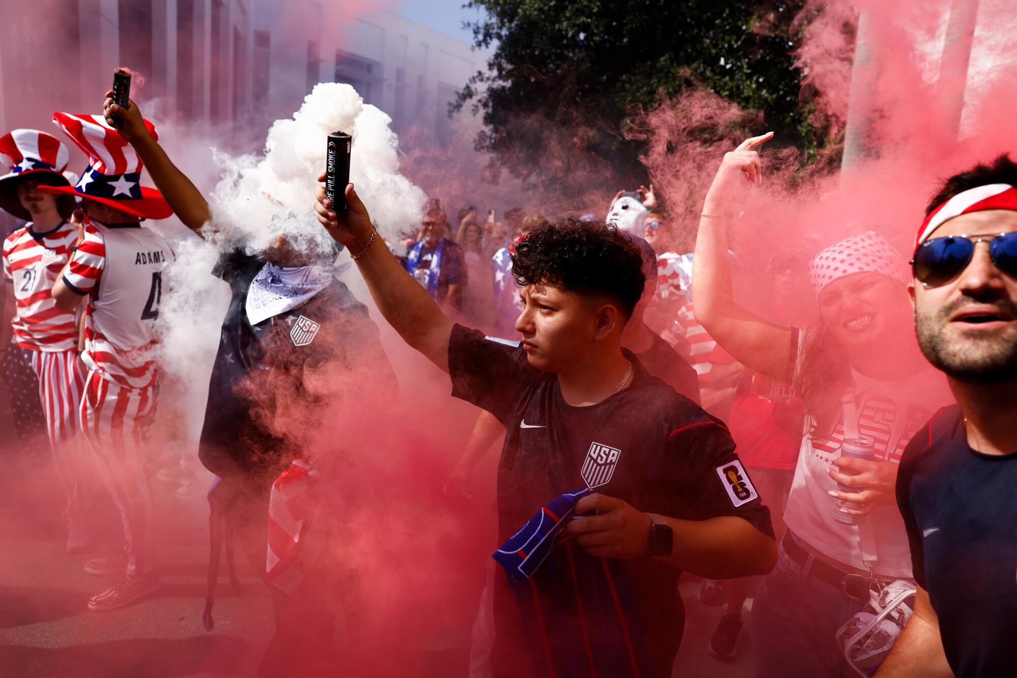 INGLEWOOD, CA - JUNE 25, 2026: United States fans outside the stadium before the World Cup group stage