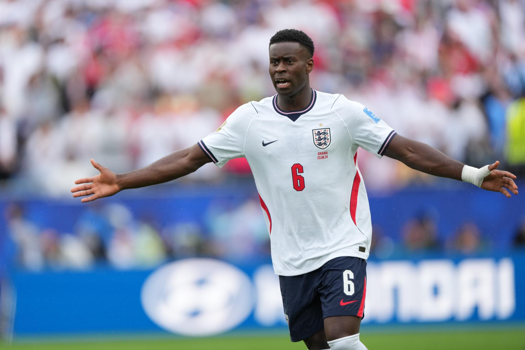 England's Marc Guehi reacts during a World Cup match against Ghana on June 23.