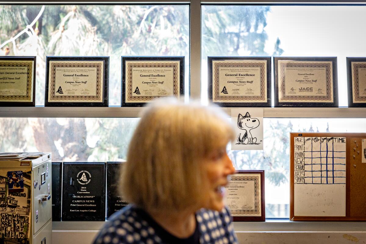 Jean Stapleton standing in a room with various award plaques lined up along the windows