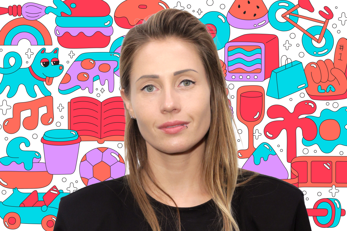 Photo of a person on a background of colorful illustrations like a book, dog, pizza, TV, shopping bag and more.