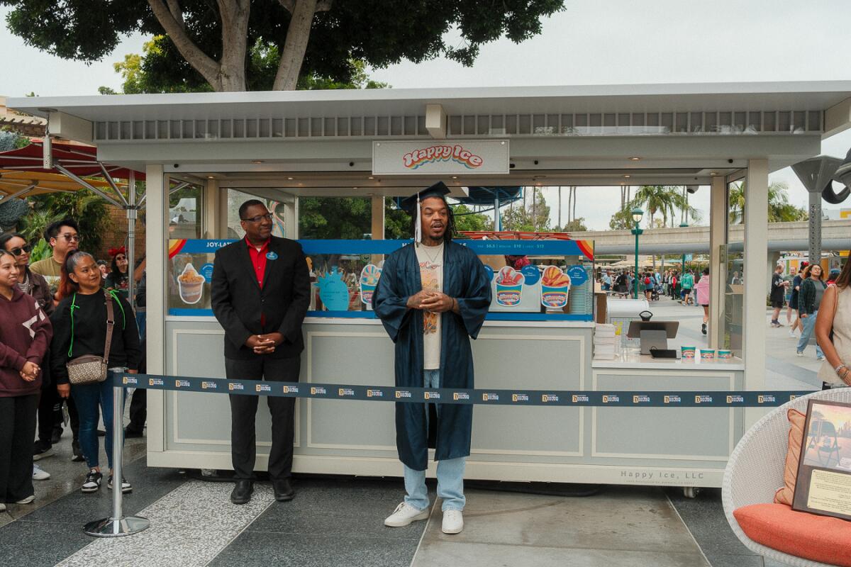 Lemeir Mitchell in a cap and gown for the official opening of Happy Ice in Anaheim on June 19, 2026.
