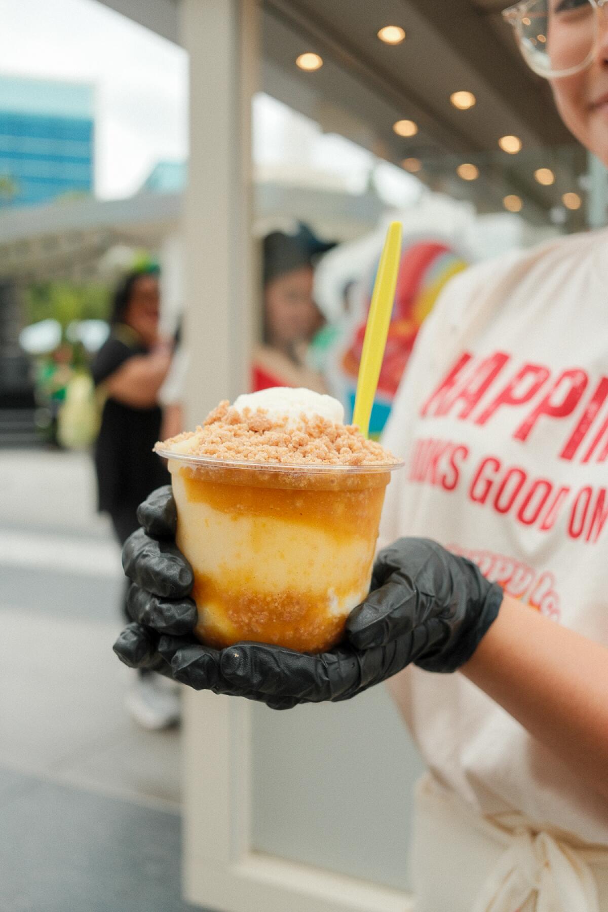 A Joy-lati banana pudding, layered with banana ice and Nilla Wafers at Happy Ice in Anaheim.