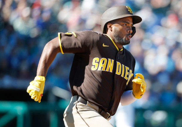 Surprise, AZ - February 21: Pablo Reyes 26 of the San Diego Padres runs during a spring training game against the Kansas City Royals on February 21, 2026 in Surprise, AZ. (K.C. Alfred / The San Diego Union-Tribune)