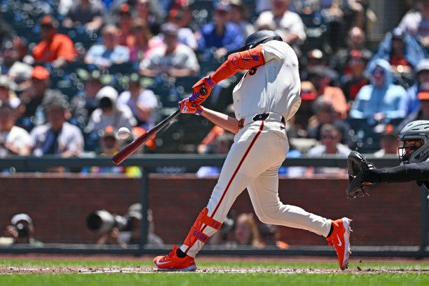 San Francisco Giants' Casey Schmitt (10) connects for a two-run home run in the third innning of their MLB game at Oracle Park in San Francisco, Calif., on Sunday, May 24, 2026. (Jose Carlos Fajardo/Bay Area News Group)