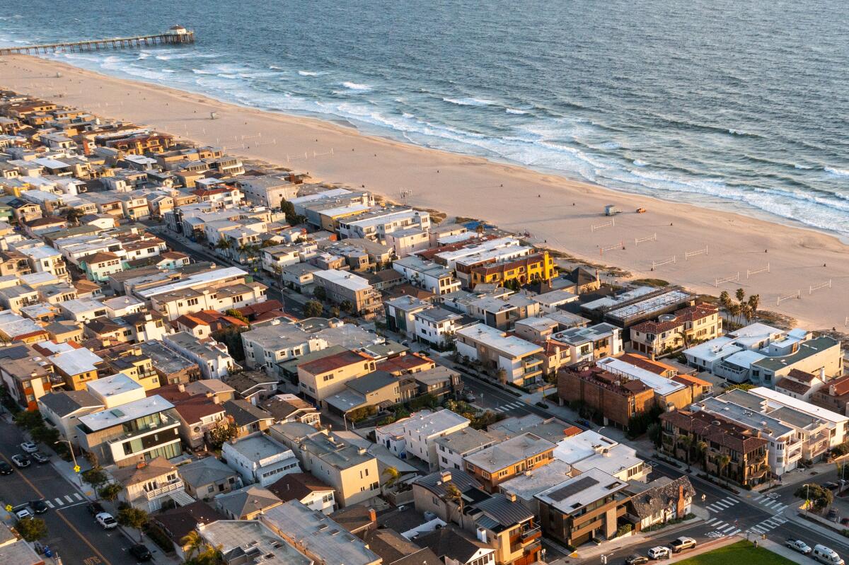 An aerial view of Manhattan Beach at sunset