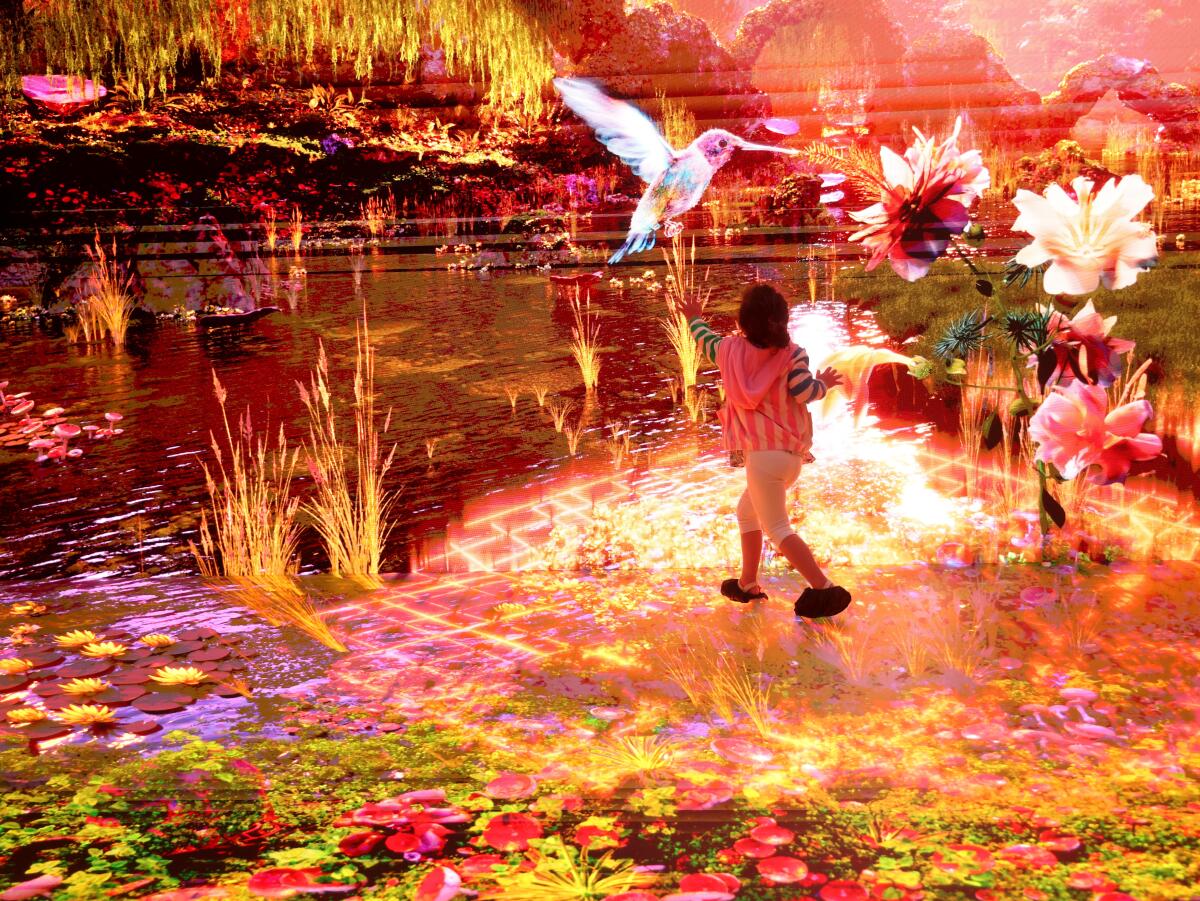 A child chases a digital hummingbird in the Infinity room at the world's first Museum of AI Arts