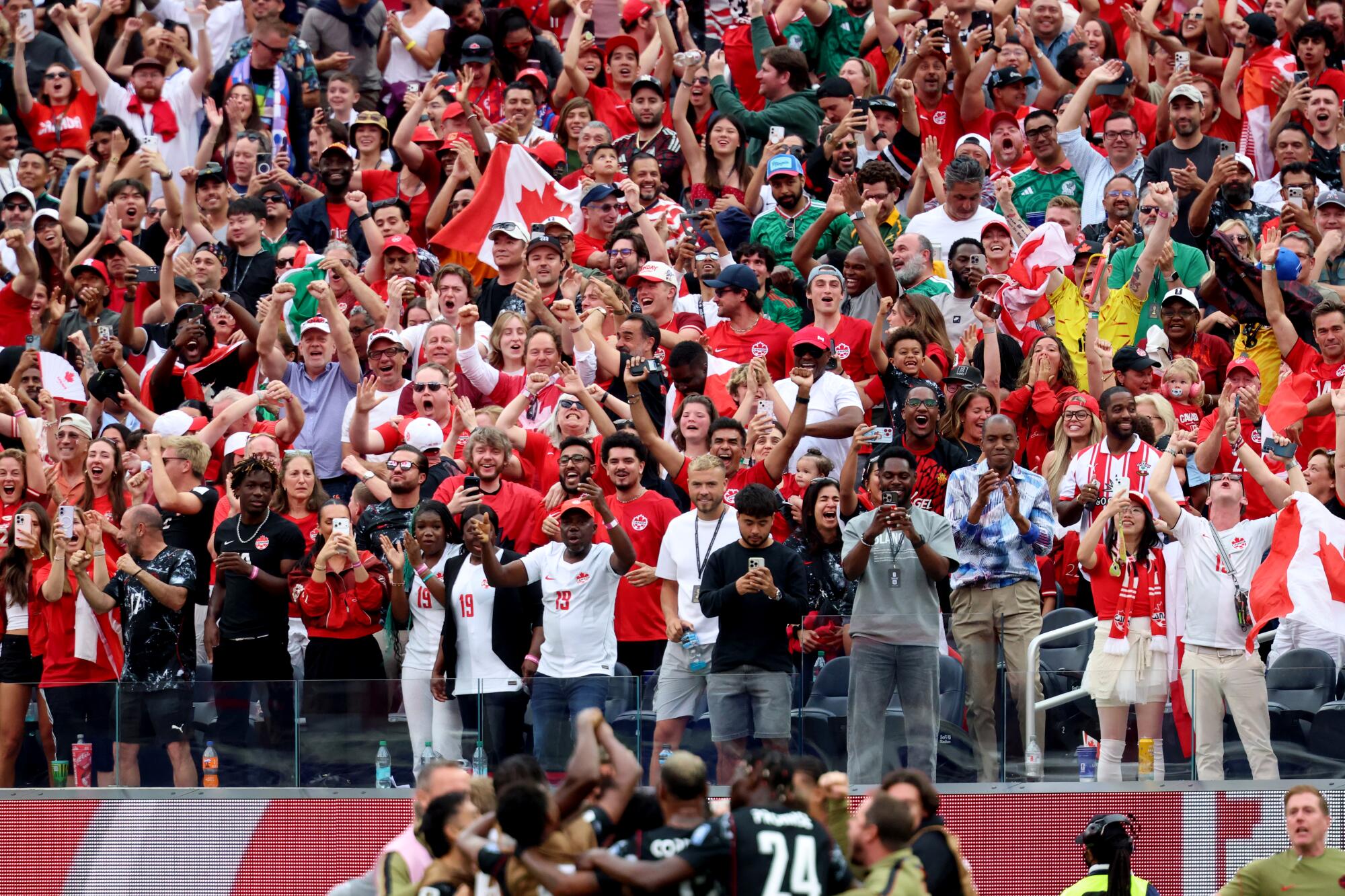 Canadian fans react after Stephen Eustáquio scores in stoppage time of a 1-0 win over South Africa.